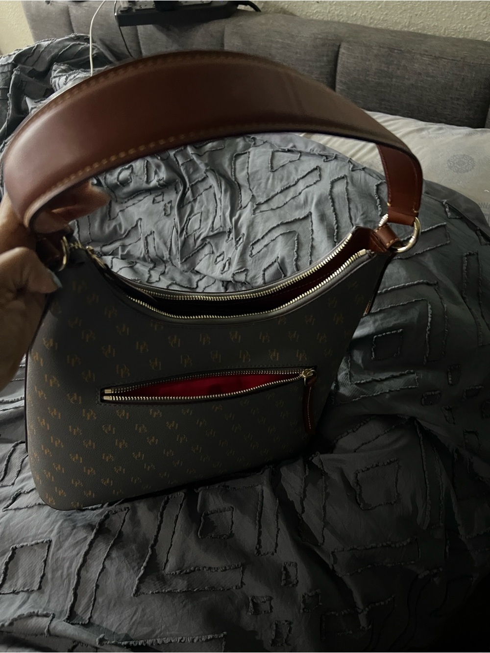 Dooney & Bourke Brown Monogram Hobo with Red Zip Accent